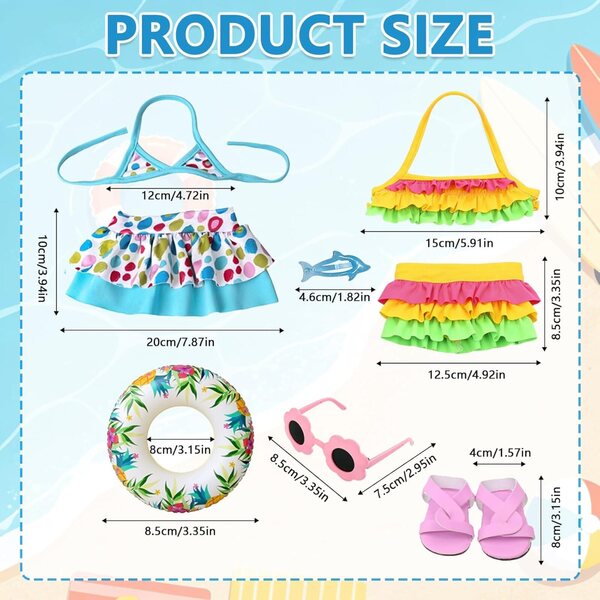 Badeanzug-Set für Puppen 35–45 cm mit bunten Sommer-Accessoires