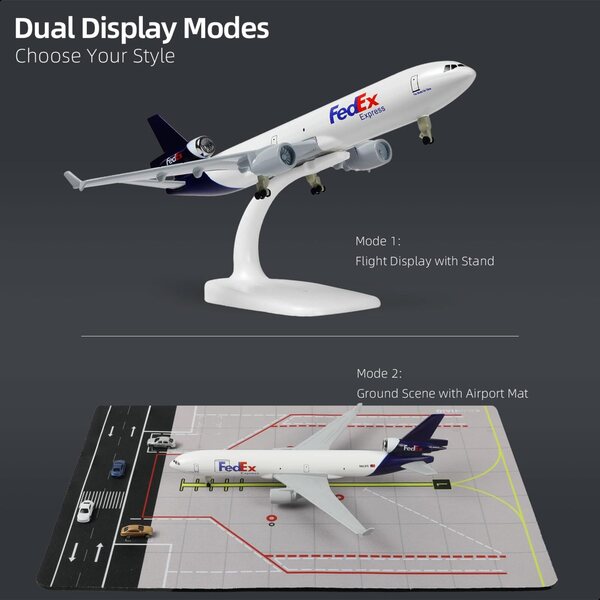 FedEx MD-11 1:300 Legierungsflugzeugmodell mit Flughafenset und 5 Minifahrzeugen