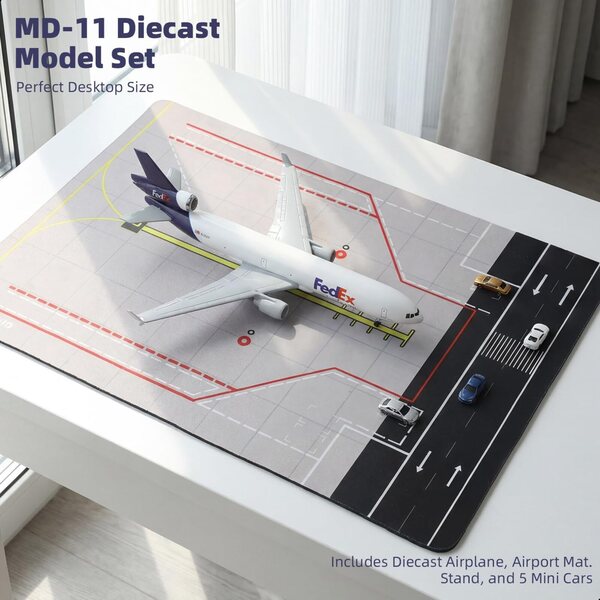 FedEx MD-11 1:300 Legierungsflugzeugmodell mit Flughafenset und 5 Minifahrzeugen