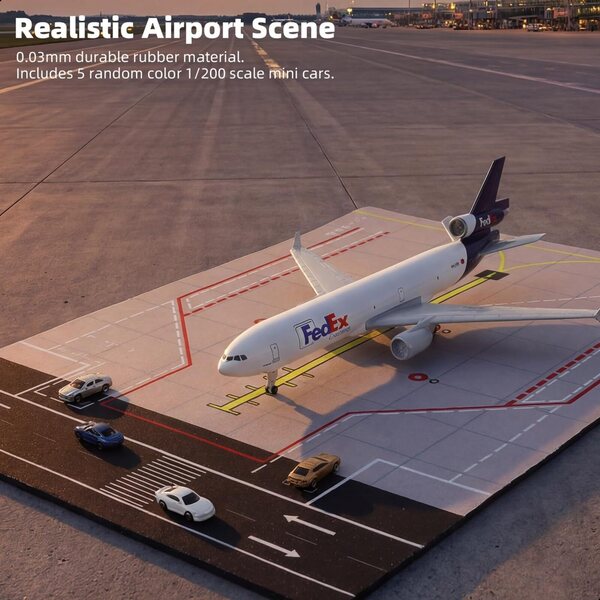 FedEx MD-11 1:300 Legierungsflugzeugmodell mit Flughafenset und 5 Minifahrzeugen