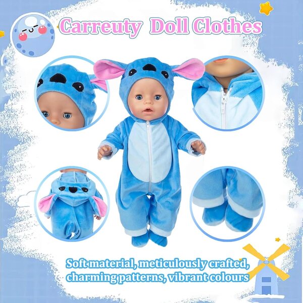 Carreuty Blu Salopette per Bambole 35-43 cm con Calzini e Gruccia - Set da 3 pezzi