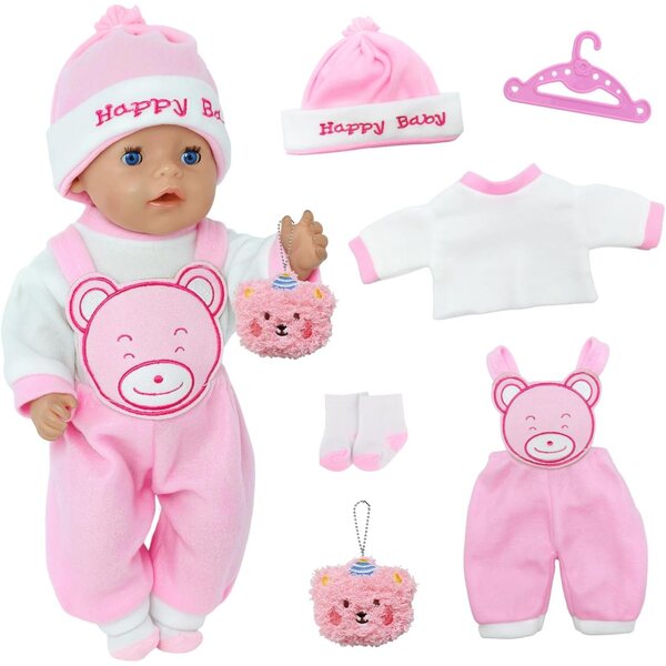 Abbigliamento per bambole 35-45 cm con motivo orsetto rosa in morbido tessuto