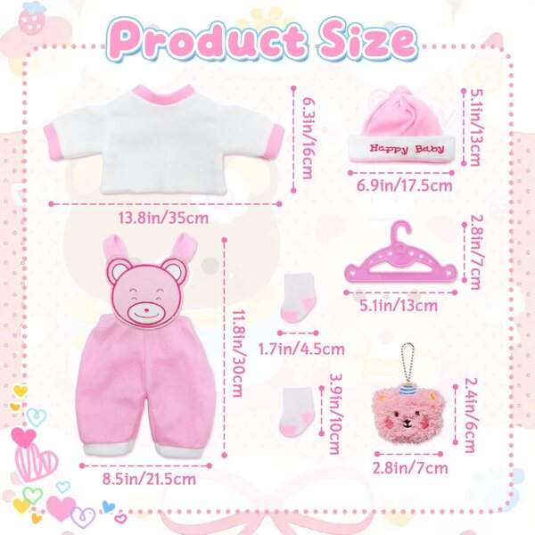 Abbigliamento per bambole 35-45 cm con motivo orsetto rosa in morbido tessuto