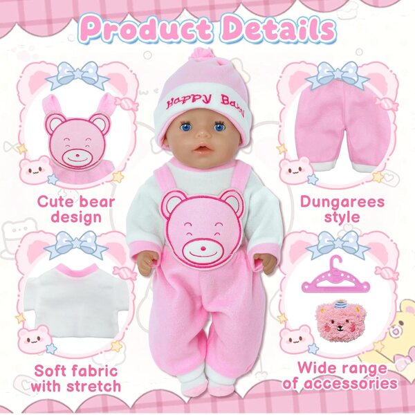 Abbigliamento per bambole 35-45 cm con motivo orsetto rosa in morbido tessuto