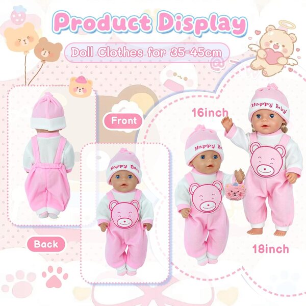 Abbigliamento per bambole 35-45 cm con motivo orsetto rosa in morbido tessuto