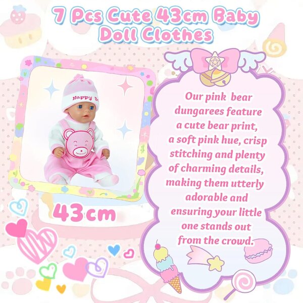 Abbigliamento per bambole 35-45 cm con motivo orsetto rosa in morbido tessuto