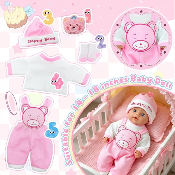 Abbigliamento per bambole 35-45 cm con motivo orsetto rosa in morbido tessuto