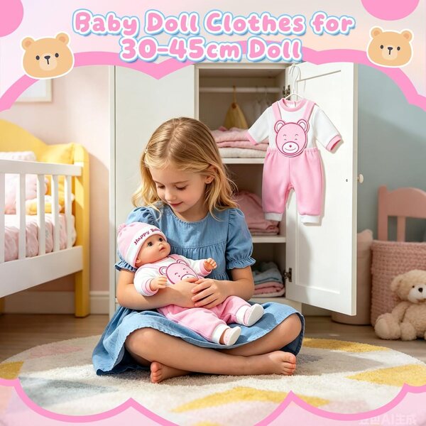 Abbigliamento per bambole 35-45 cm con motivo orsetto rosa in morbido tessuto