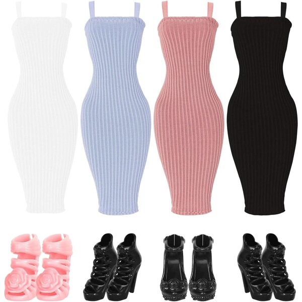 8-teiliges Kleidungs- und Schuhset für 30-cm-Puppen – Glamoreal, 4 Kleidung + 4 Paar Schuhe