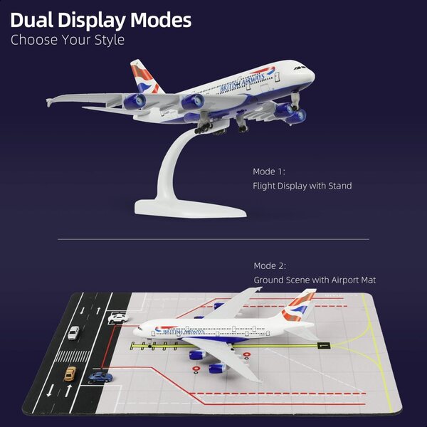Britisches A380-Flugzeugmodell im Maßstab 1:300 mit Flughafenteppich und 5 Gummiwagen