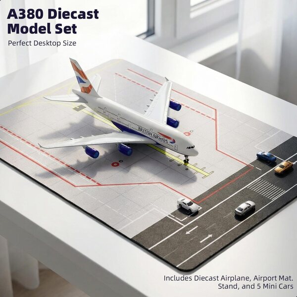 Britisches A380-Flugzeugmodell im Maßstab 1:300 mit Flughafenteppich und 5 Gummiwagen