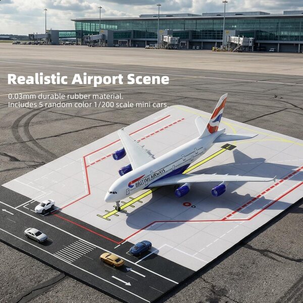 Britisches A380-Flugzeugmodell im Maßstab 1:300 mit Flughafenteppich und 5 Gummiwagen