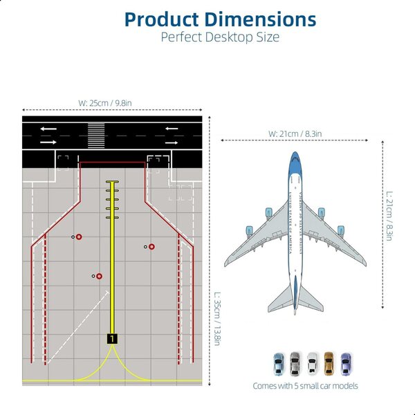 Maquette d'avion Air Force One Boeing - 747 au 1/300 avec Tapis d'aéroport en Caoutchouc et 5 Voitures Objet de Collection pour Les passionnés d'aviation Adultes (Tapis : 25 נ35 cm