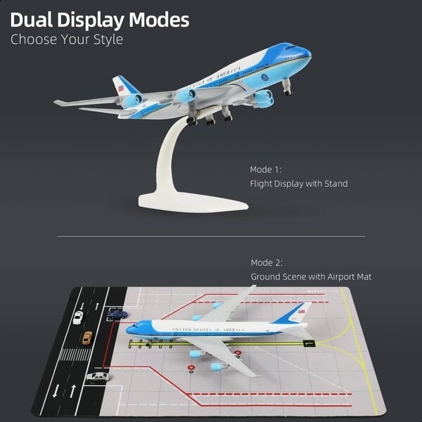 Maquette d'avion Air Force One Boeing - 747 au 1/300 avec Tapis d'aéroport en Caoutchouc et 5 Voitures Objet de Collection pour Les passionnés d'aviation Adultes (Tapis : 25 נ35 cm