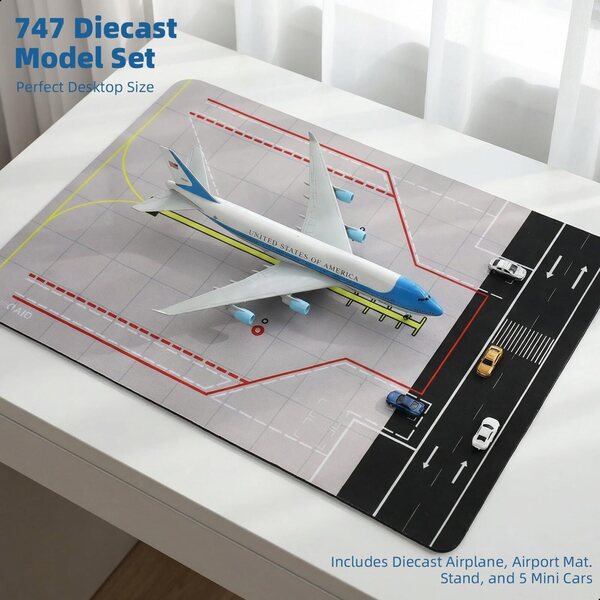 Maquette d'avion Air Force One Boeing - 747 au 1/300 avec Tapis d'aéroport en Caoutchouc et 5 Voitures Objet de Collection pour Les passionnés d'aviation Adultes (Tapis : 25 נ35 cm