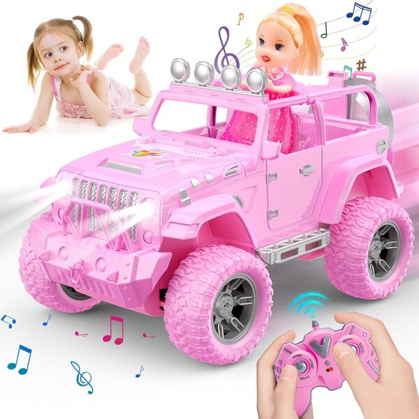 HappyGoLucky Ferngesteuertes Auto für 3–10-jährige Mädchen mit Puppe, rosa Jeep 4x4 SUV