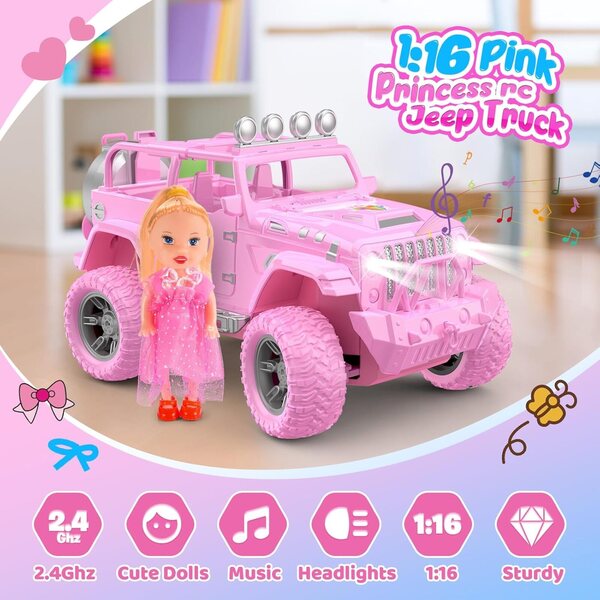 HappyGoLucky Ferngesteuertes Auto für 3–10-jährige Mädchen mit Puppe, rosa Jeep 4x4 SUV