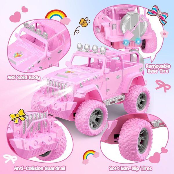 HappyGoLucky Ferngesteuertes Auto für 3–10-jährige Mädchen mit Puppe, rosa Jeep 4x4 SUV