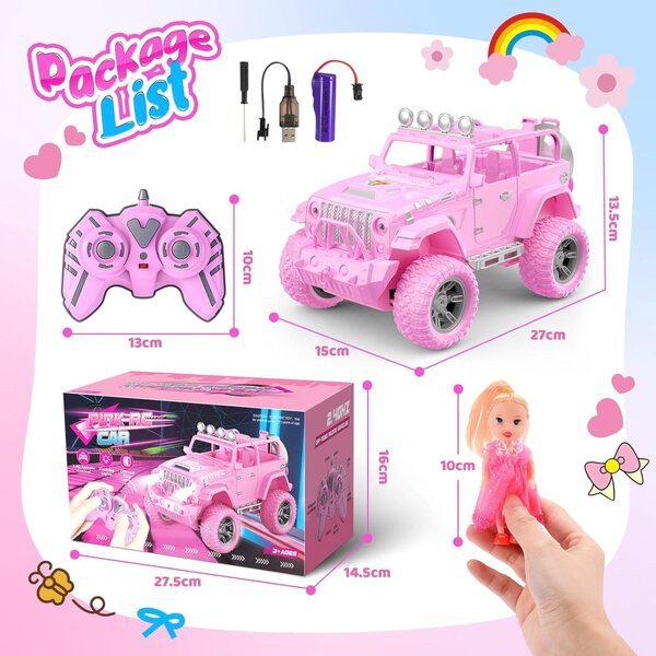 HappyGoLucky Ferngesteuertes Auto für 3–10-jährige Mädchen mit Puppe, rosa Jeep 4x4 SUV