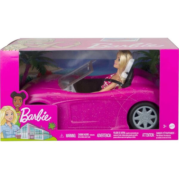 Rosafarbenes Barbie-Cabriolet mit zwei Sitzen, inklusive Kleid und glamourösen Accessoires für Mädchen