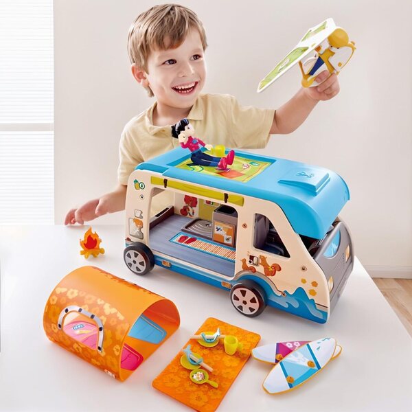 Hape Camping Car in Legno con bambole e Accessori per Bambini da 3 Anni