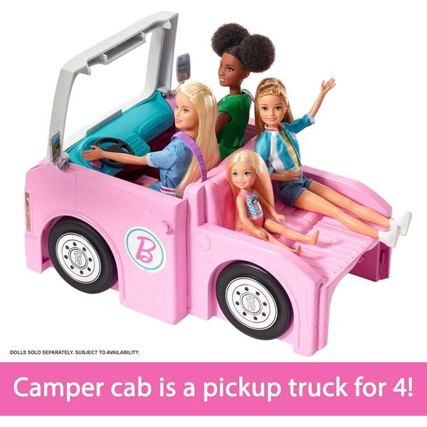 Barbie 3-in-1-Campingwagen mit Pool, Pick-Up, Bateau und über 60 Zubehörteilen für Kinder ab 3 Jahren