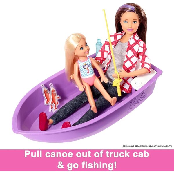 Barbie 3-in-1-Campingwagen mit Pool, Pick-Up, Bateau und über 60 Zubehörteilen für Kinder ab 3 Jahren