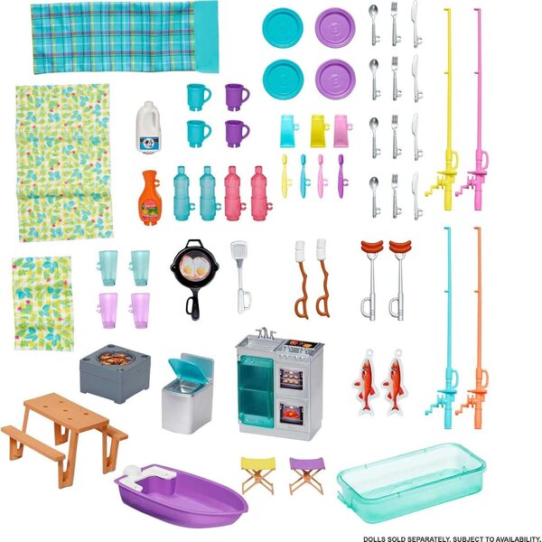 Barbie 3-in-1-Campingwagen mit Pool, Pick-Up, Bateau und über 60 Zubehörteilen für Kinder ab 3 Jahren