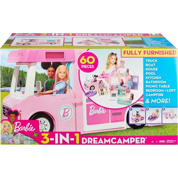 Barbie 3-in-1-Campingwagen mit Pool, Pick-Up, Bateau und über 60 Zubehörteilen für Kinder ab 3 Jahren