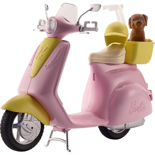 Barbie rosa Roller mit Helm, gelbem Korb und Hund, Spiel für Mädchen