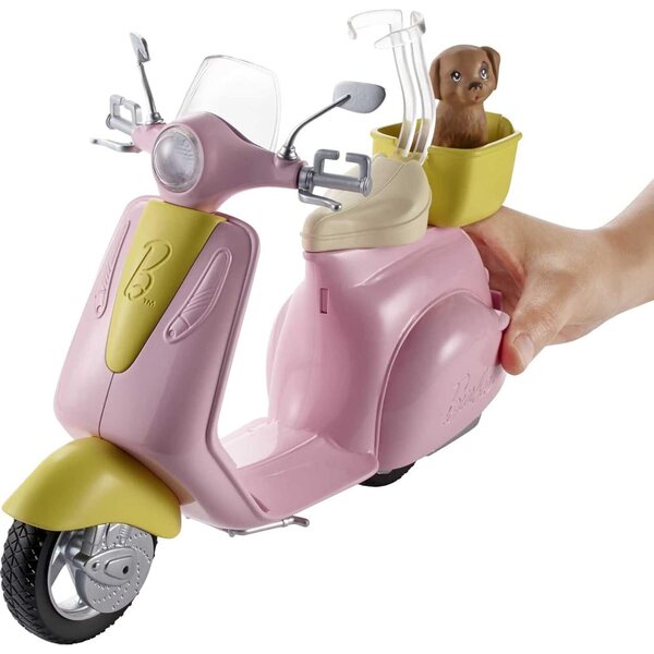 Barbie rosa Roller mit Helm, gelbem Korb und Hund, Spiel für Mädchen