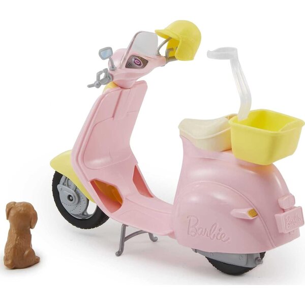 Barbie rosa Roller mit Helm, gelbem Korb und Hund, Spiel für Mädchen