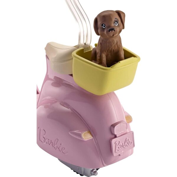 Barbie rosa Roller mit Helm, gelbem Korb und Hund, Spiel für Mädchen