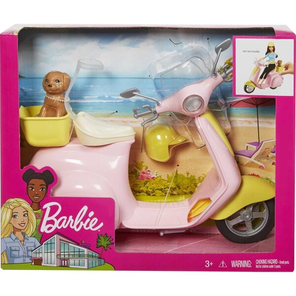 Barbie rosa Roller mit Helm, gelbem Korb und Hund, Spiel für Mädchen