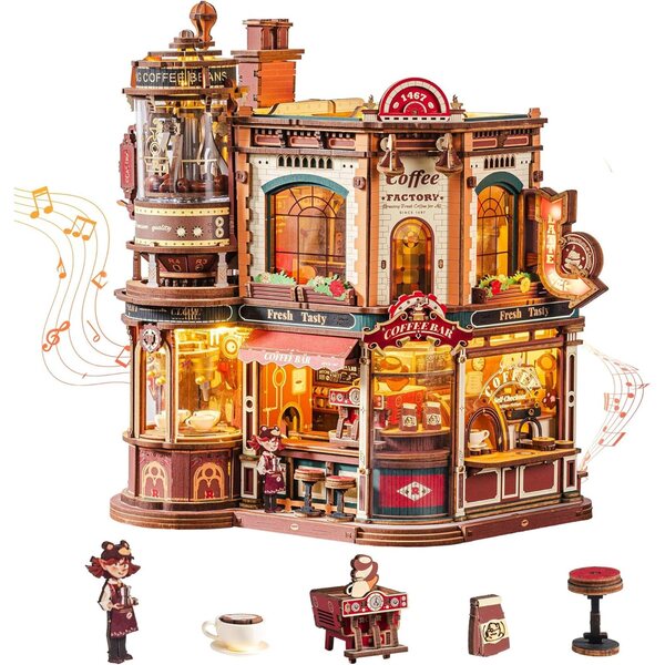 ROKR Dream Coffee Factory: Casa delle Bambole Miniatura con Musica Jazz e Luci LED