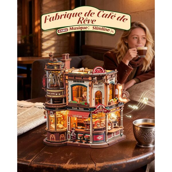 ROKR Dream Coffee Factory: Casa delle Bambole Miniatura con Musica Jazz e Luci LED