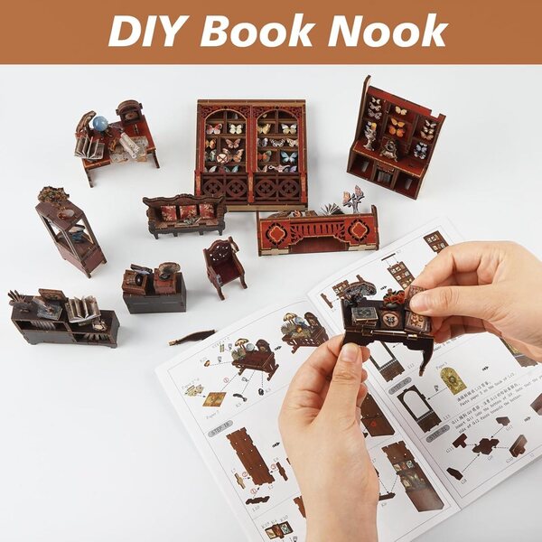 Facarler Book Nook Casa delle Bambole in Legno con LED e Puzzle 3D - Kit DIY