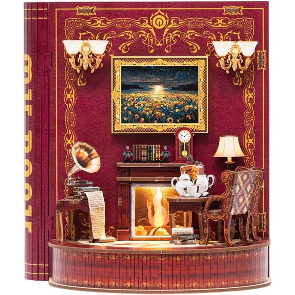 Book Nook Kit Holzminiaturen mit LED-Lichtern und 3D-Figur, Leseecke zum Zusammenbauen
