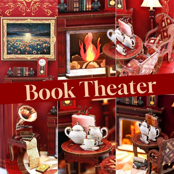 Book Nook Kit Holzminiaturen mit LED-Lichtern und 3D-Figur, Leseecke zum Zusammenbauen