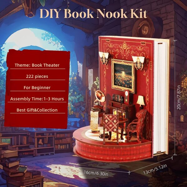 Book Nook Kit Holzminiaturen mit LED-Lichtern und 3D-Figur, Leseecke zum Zusammenbauen