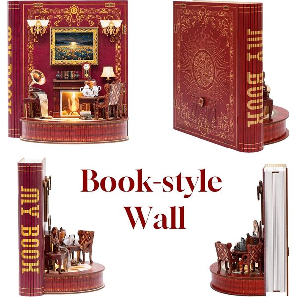 Book Nook Kit Holzminiaturen mit LED-Lichtern und 3D-Figur, Leseecke zum Zusammenbauen