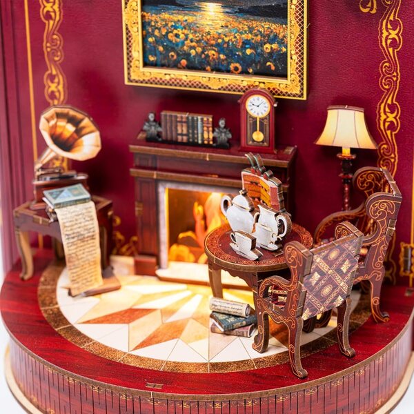 Book Nook Kit Holzminiaturen mit LED-Lichtern und 3D-Figur, Leseecke zum Zusammenbauen