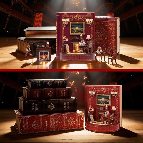 Book Nook Kit Holzminiaturen mit LED-Lichtern und 3D-Figur, Leseecke zum Zusammenbauen