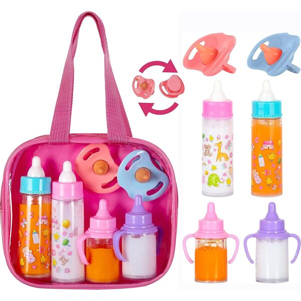 Babypuppen-Zubehörset – 6-teilig in transparentem Sac à Langer – modisch und farbenfroh