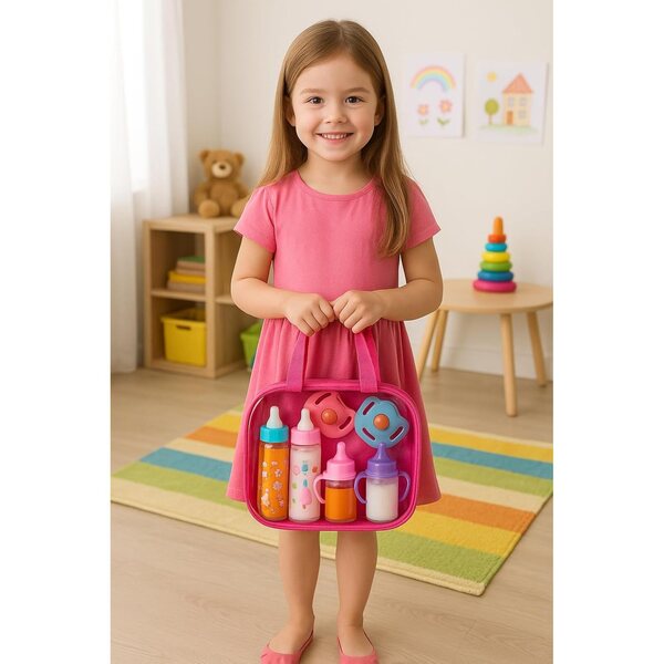 Babypuppen-Zubehörset – 6-teilig in transparentem Sac à Langer – modisch und farbenfroh