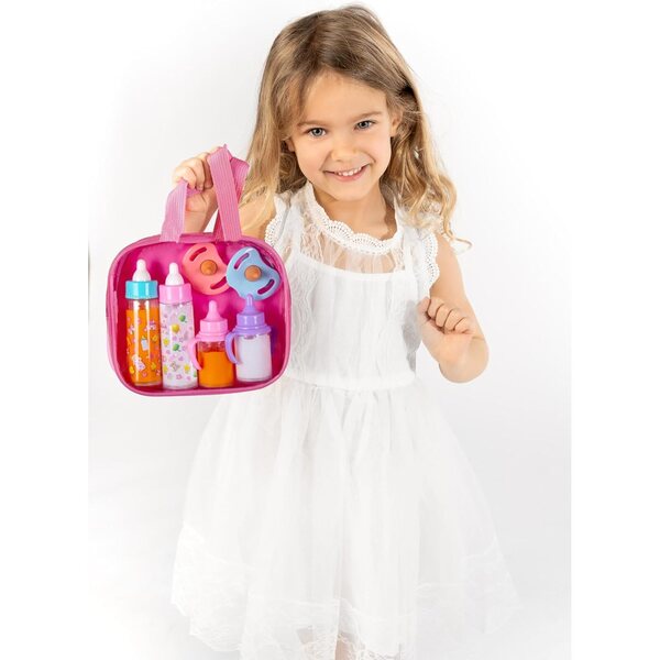Babypuppen-Zubehörset – 6-teilig in transparentem Sac à Langer – modisch und farbenfroh