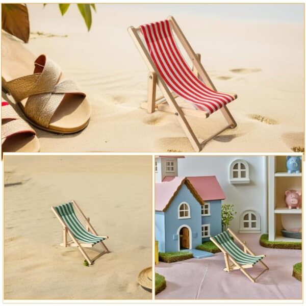 Set 3 Sedie Spiaggia Miniature Pieghevoli in Legno 1:12 per Casa delle Bambole
