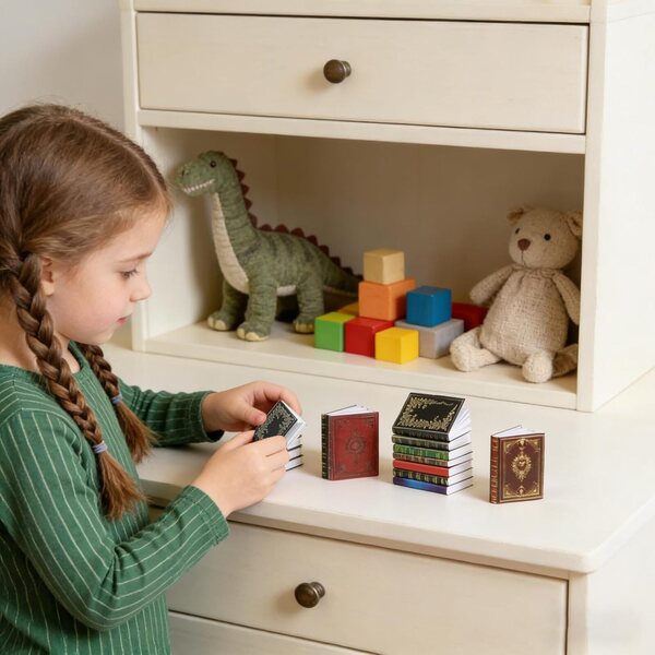 24 Miniaturbücher 1:12 für Puppenhäuser, realistisch und bunt aus Papier