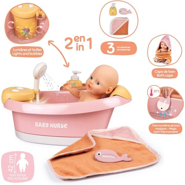 Smoby Baby Nurse Balneo-Badewanne für Puppen bis 42 cm mit Düsen, Blasen und LED-Lichtern