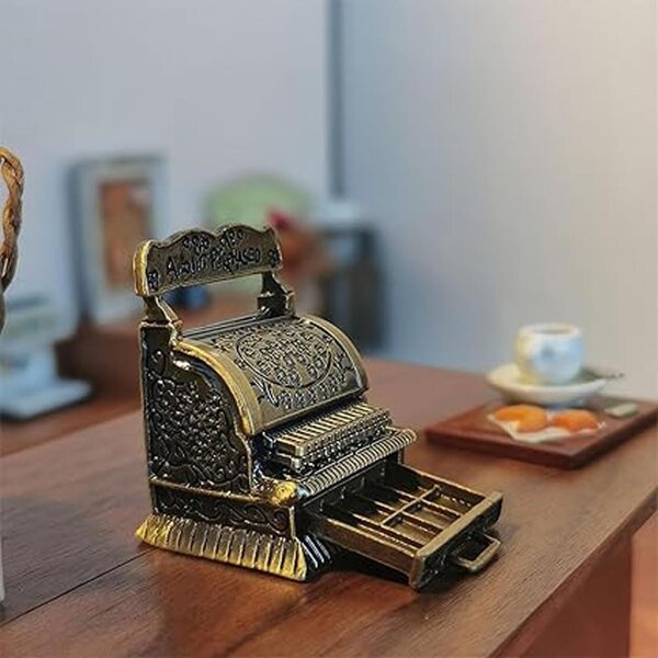 Vintage goldene Aufnahmebox Miniatur 1:12 mit funktionierender Schublade für Puppenhaus